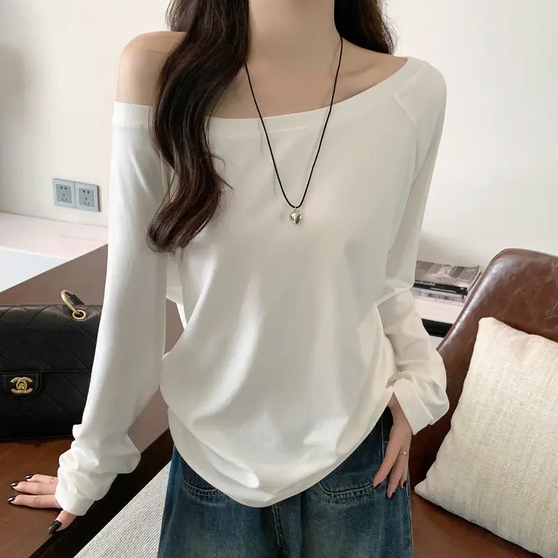 Summer Clothing For Teens - オーバーサイズ オフショルダー 長袖Tシャツ レディース 無地 カジュアルトップス