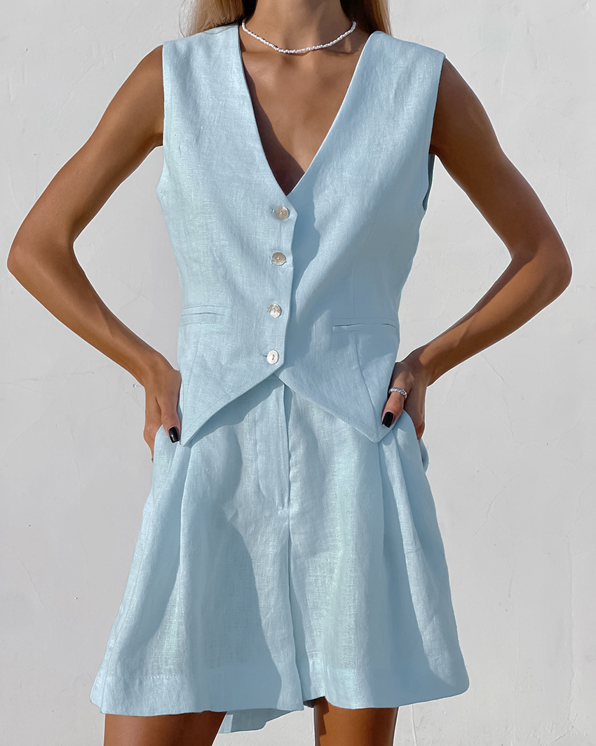 Summer Linen Clothing For Women - 2025年新作スーツベスト＋ショートパンツセット 夏 綿麻 通勤 シンプル レディースセット