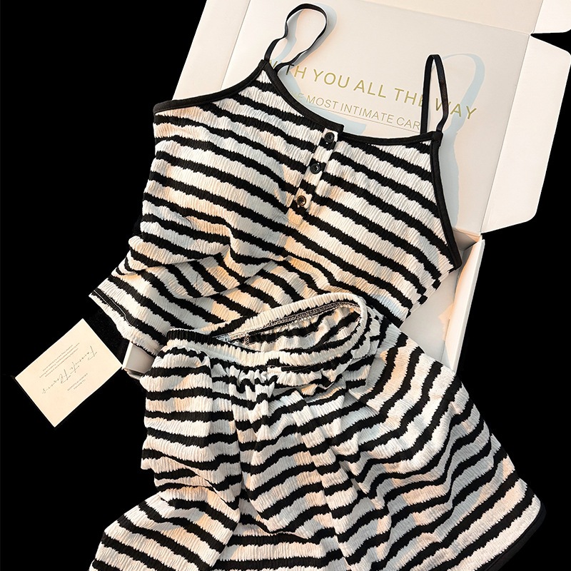Summer Clothing For Teens - 女性用新作夏用モダールパジャマ、ティーンスタイル、パッド入りブラ付き、ストライプ柄ワンピースとショートパンツのセット、女性用夏服