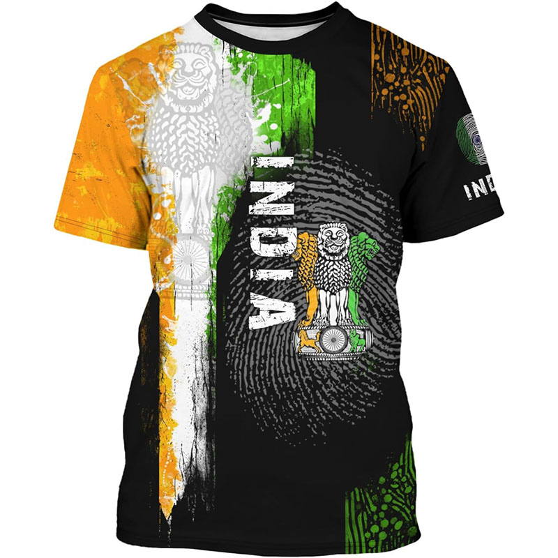 Summer Clothing India - メンズインド国旗プリントTシャツ,クルーネック,半袖Tシャツ,象の3Dパターン,ストリートファッション,トレンド,新品