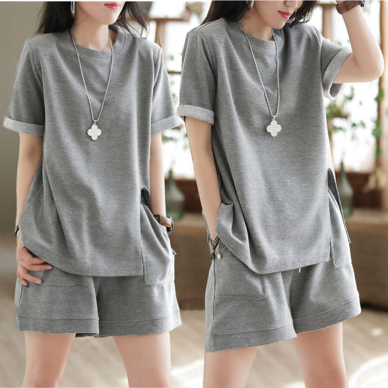 Summer Clothing Affordable - 夏のカジュアルスポーティルーズスリムでおしゃれな純綿ツーピースセットお手頃価格レディース服ラウンドネック半袖
