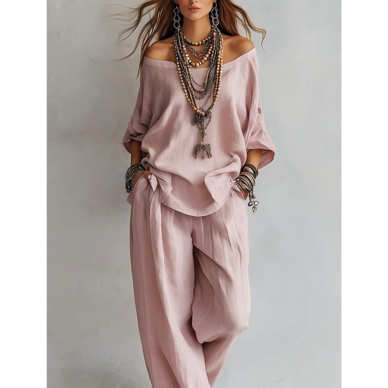 Summer Linen Clothing For Women - 夏の新作カジュアルルーズリネンレディースツーピースセット七分袖オフショルダートップワイドレッグパンツスーツ女性服