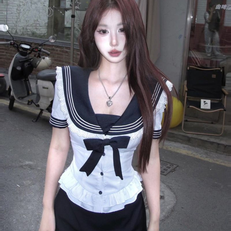 Summer Clothing For Teens - Deeptown 甘い弓セーラー襟女性シャツ白レース半袖日本のファッションブラウススリムプレッピー JK 若々しい夏