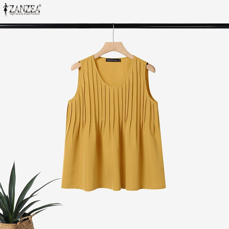 Summer Clothing Plus Size Women - ZANZEA プラスサイズ 5XL 女性ピンタックタンクトップ夏カジュアルルーズソリッド A ラインノースリーブブラウスホリデービーチラウンドネックトップス