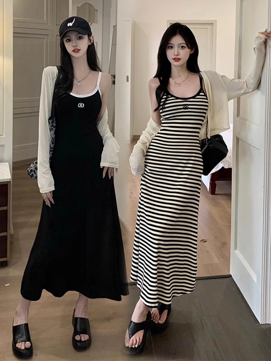 Summer Line Clothing Brand - サマーストライプAラインドレスVネックノースリーブ婦人服セットハイウエストロングスカート通勤スタイルノーブランド登録済みトラ...