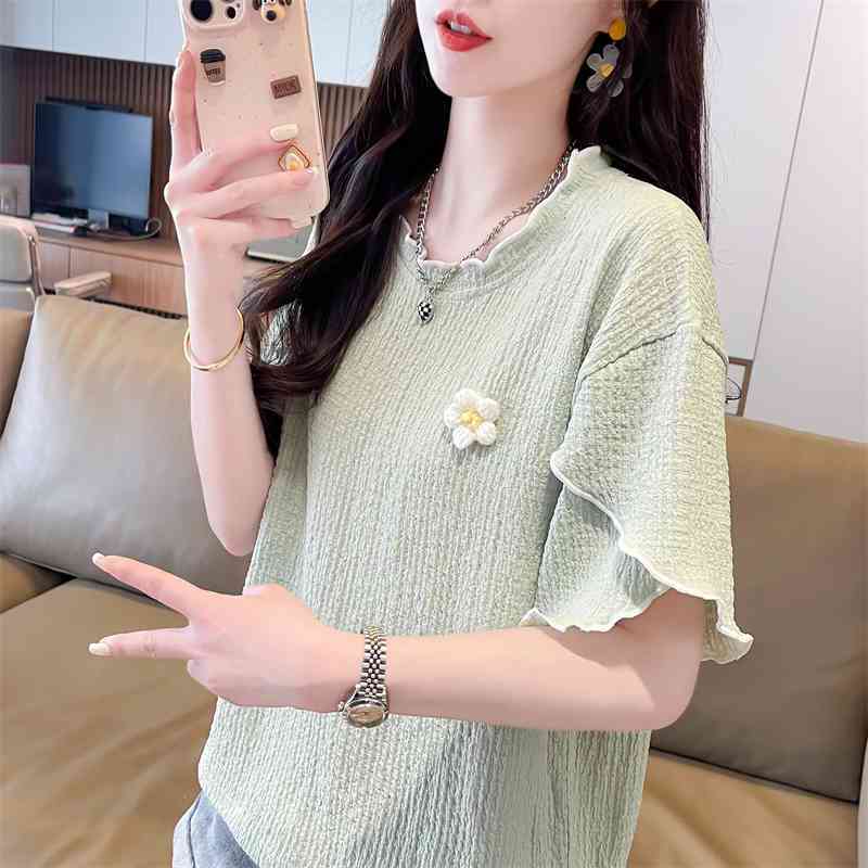 Summer Clothing For Teens - 韓国フリルオールマッチユースプラスサイズトップス Tシャツ女性服新しい半袖コントラストカジュアル Tシャツファッション甘い夏