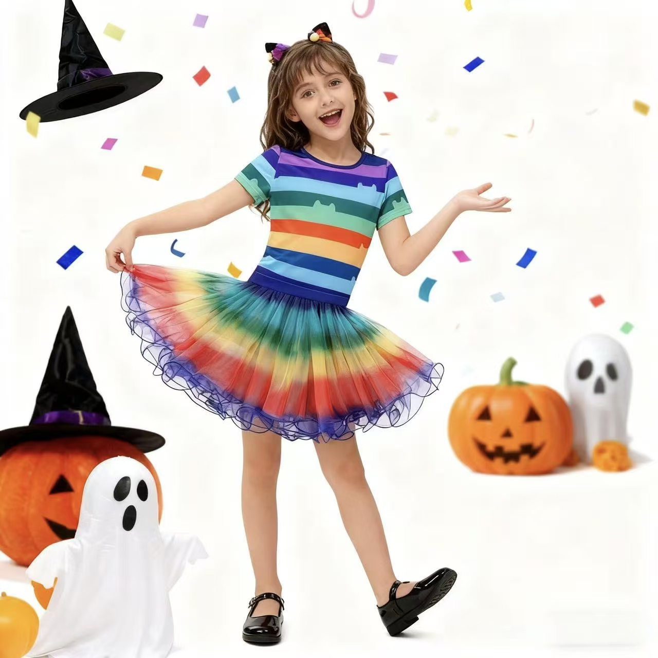 Summer Dresses Yours Clothing - 女の子レインボーストライプ Tシャツチュチュスカート猫耳ヘッドバンドセットハロウィンカーニバルコスプレ衣装子供の誕生日服