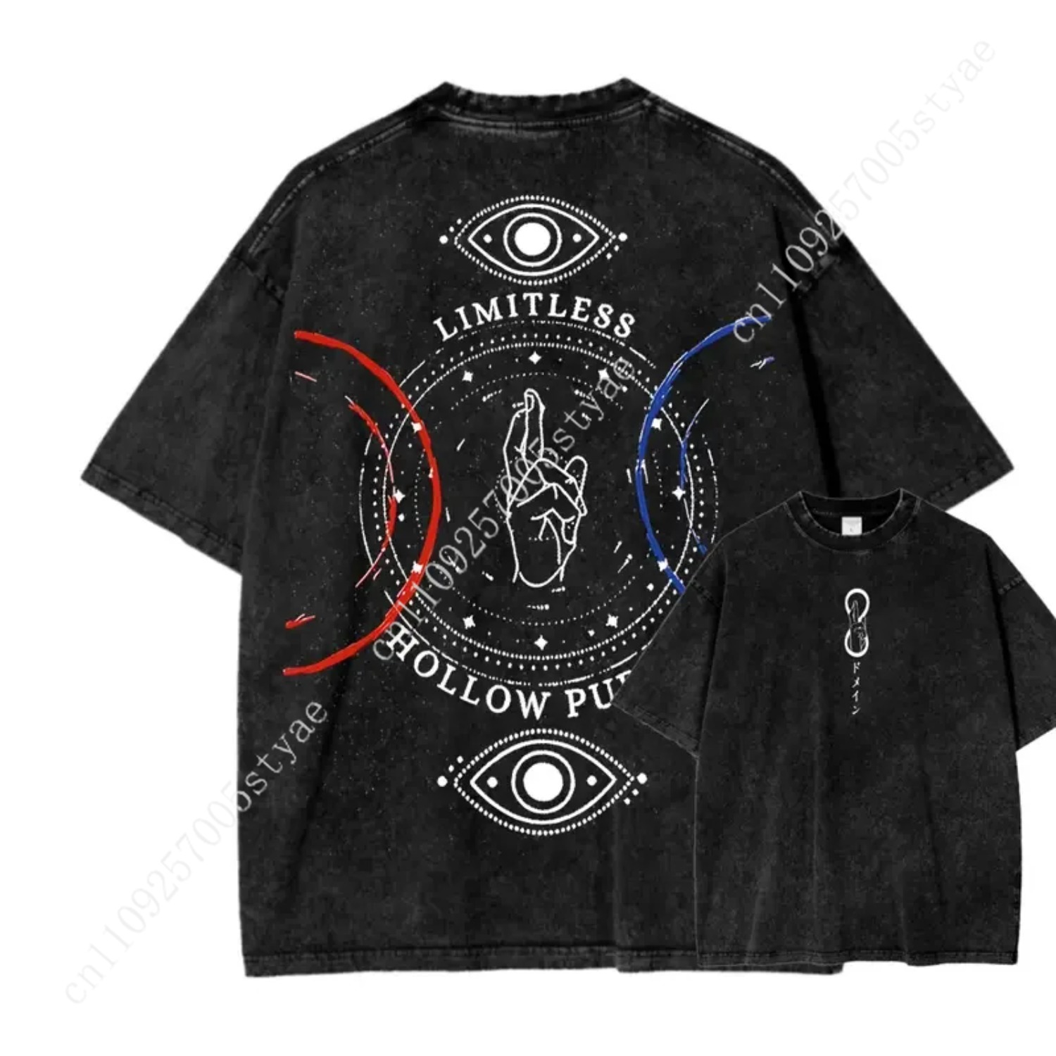 Vintage Summer Clothing Men - アニメ五条悟プリントTシャツ メンズ レディース ヴィンテージ風ウォッシュ加工オーバーサイズコットンTシャツ 原宿Tシャツ