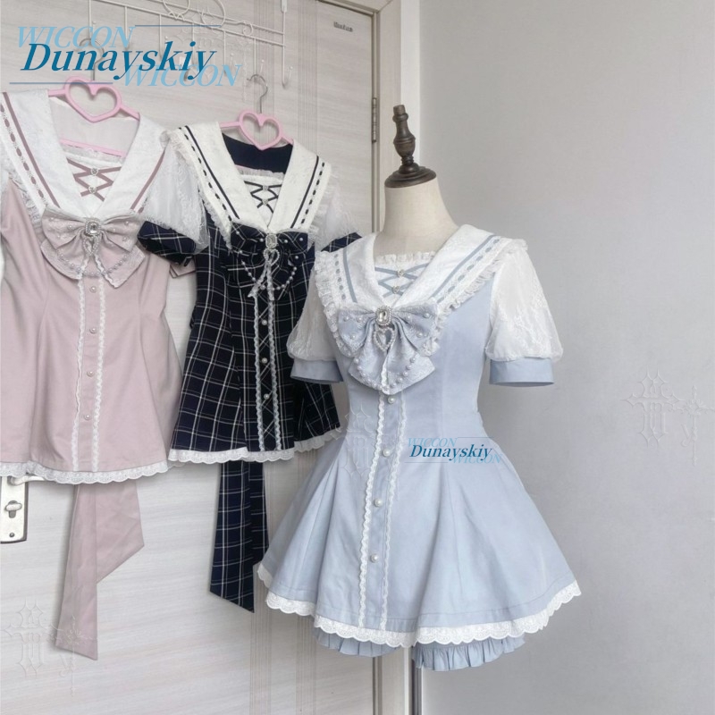 Summer Clothing Offers - セーラーカラードレスセットレースリボン半袖ジライケイオリジナル和菓子ロリータミニスカートスーツ夏デイリーキュートカラー