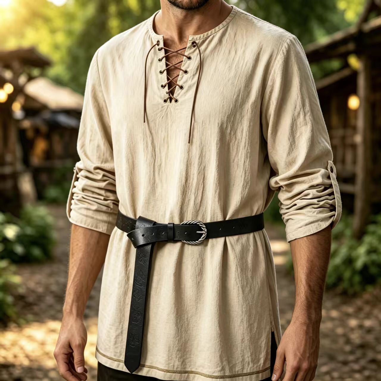 Summer Viking Clothing - 男性用中世風レースアップリネン長袖チュニック、バイキング/海賊/ルネサンス風コスプレシャツ、ヴィンテージ風エンボス加工レザーベルト付き