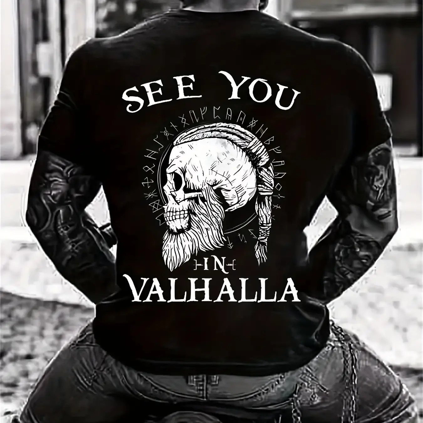 Summer Viking Clothing - バイキングスカルデザインメンズクルーネックTシャツブラックホワイトベーシックカジュアルTシャツヴァルハラでお会いしましょうグラフィックプリント北欧戦士テーマ