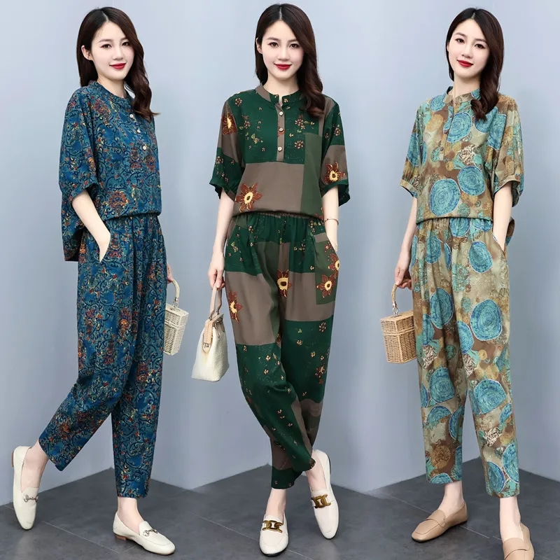 Summer Linen Clothing For Women - 中年女性向けサマースーツ2026新作ファッション若見えハルンパンツ綿麻セット半袖トップスツーピースセット女性用