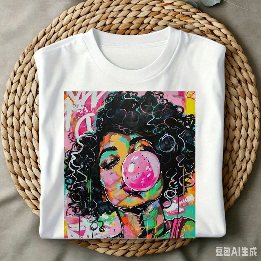 Summer Clothing Trends 2025 - ファンキーな週末の雰囲気ポップアート巻き毛の女の子が風船ガムを吹くプリント女性用カジュアルクルーネックグラフィックTシャツストリートウェアデイリーバケーション