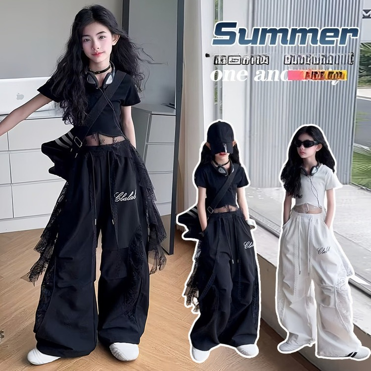 Summer Clothing For Teen Girls - 4歳から14歳女の子向けヒップホップジャズストリートダンス服セット、子供用夏服、レースパッチワークTシャツ+ワークパンツ、2点セットキッズ服スーツ