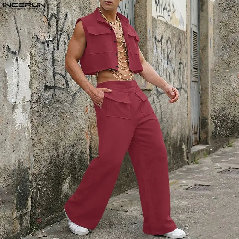 Summer Clothes Fashion - INCERUN 男性セット固体ノースリーブクロップトップスシャツパンツ 2 ピースセットストリートルーズ 2026 ファッションメンズマッチングセットトラックスーツ