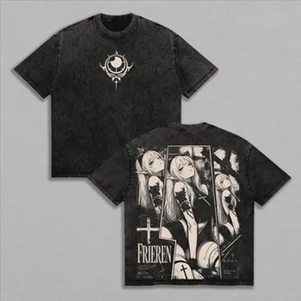 Vintage Summer Clothing Men - ファッション Y2k フリーレン Tシャツマンガプリントヴィンテージウォッシュ Tシャツ夏半袖カジュアルコットン Tシャツストリート男性服