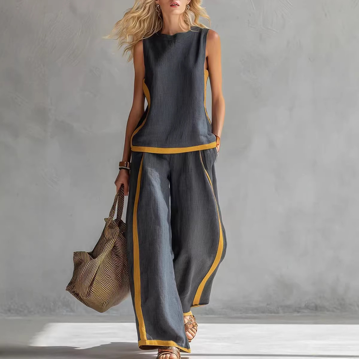Summer Linen Clothing For Women - レディースリネン2ピースセット カラーブロック ノースリーブOネックタンクトップ ハイウエストワイドレッグパンツ ルーズカジュアルサマースーツ