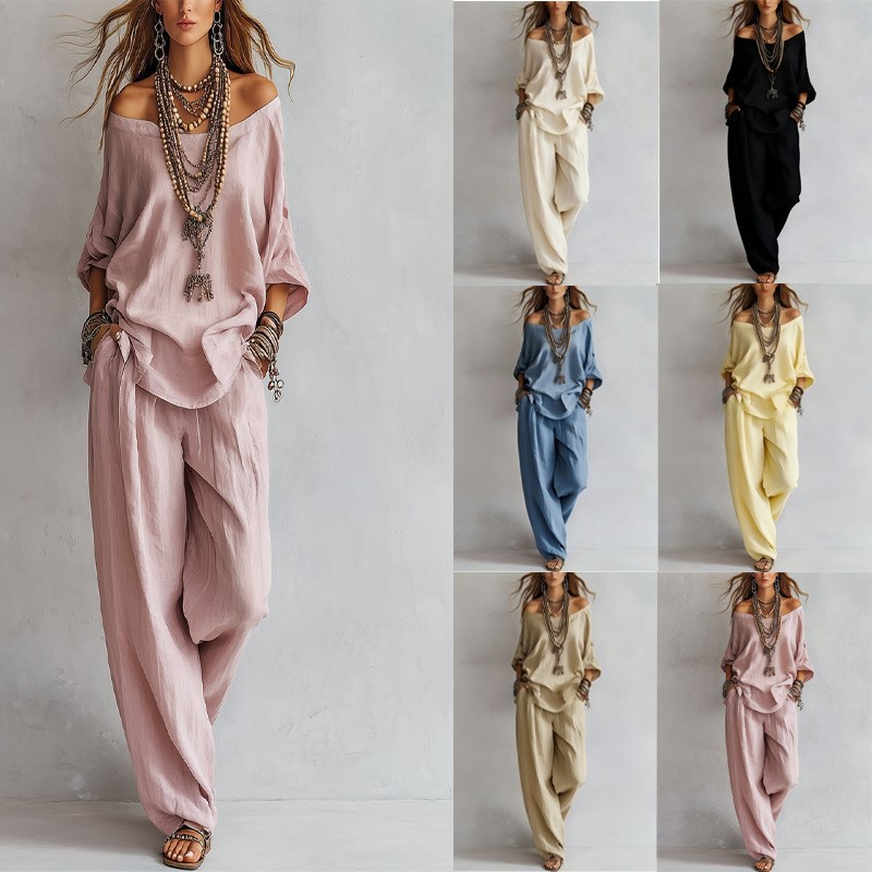 Summer Linen Clothing For Women - レディースツーピース七分袖トップスワンショルダーワイドレッグパンツ2026夏新作カジュアルルーズリネン無地スーツ