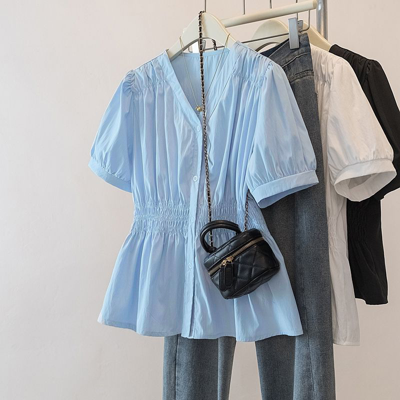 Summer Clothing Plus Size Women - 200ポンドプラスサイズ弾性ウエストオフィスレディトレンドシャツとブラウスソリッドカラートップ女性服Vネックフレンチシックベーシック