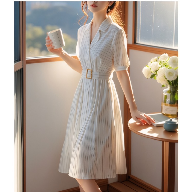 Summer Line Clothing Brand - ハイウエストストライプドレススリム夏新作婦人服高品質ブランドミッドレングスAラインドレス