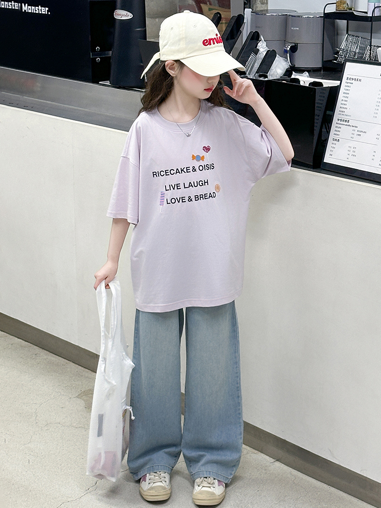 Summer Clothing For Girls - 女の子の夏用半袖Tシャツセットカジュアルデニムツーピーススーツ子供用ファッショナブルな服綿長ズボン