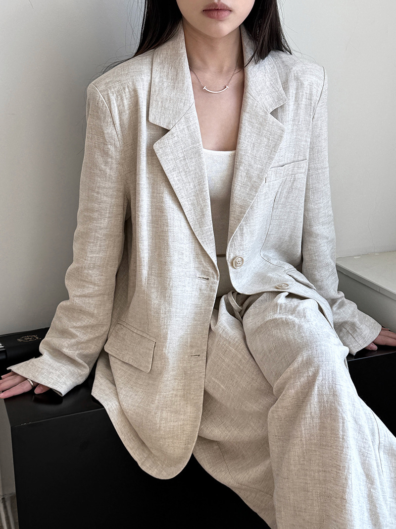 Summer Linen Clothing For Women - 秋のハイエンドリネン素材ブレザージャケットセット レディース 2025 夏新作 ルーズワイドレッグカジュアルパンツ レディース服