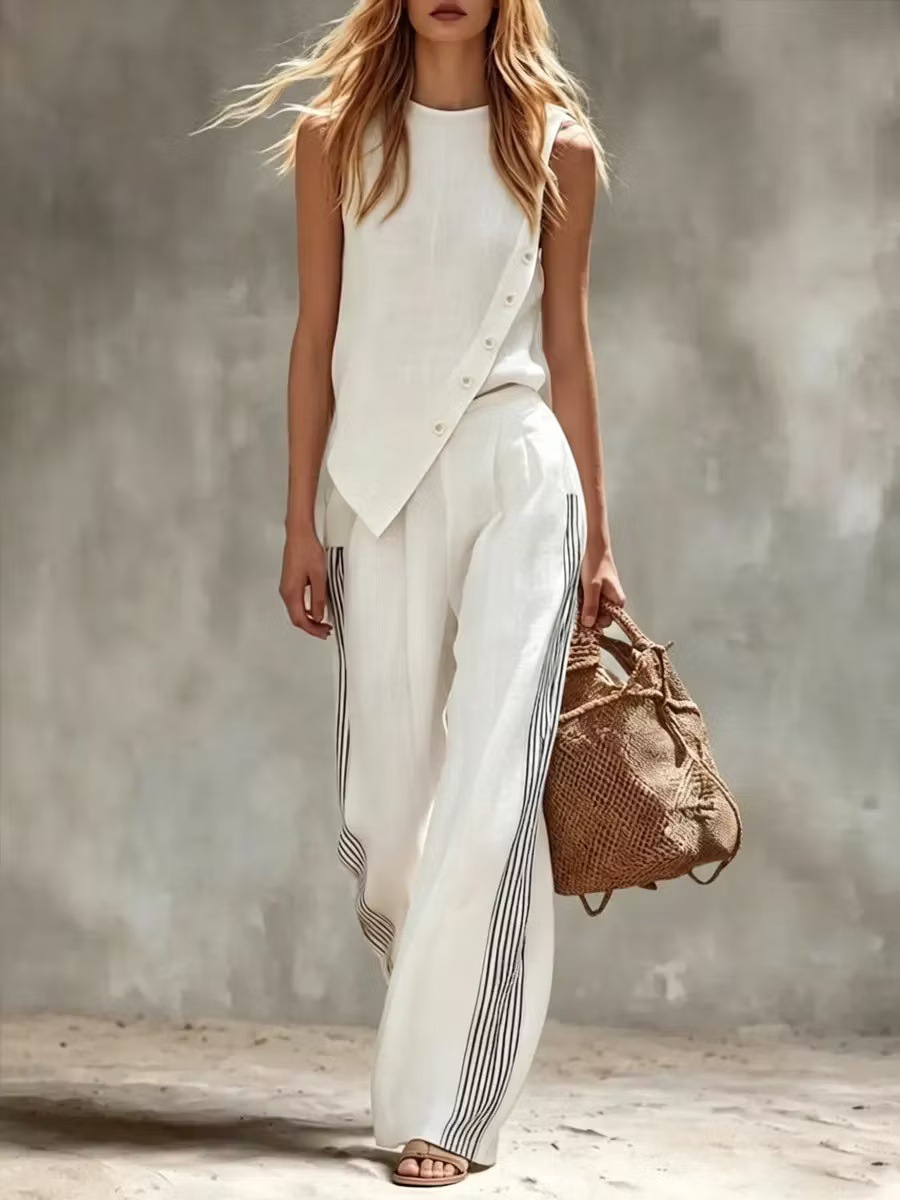 Summer Linen Clothing For Women - サイドボタン付きイレギュラーノースリーブリネン2ピースセット、女性用ストライプワイドレッグパンツスーツ、通気性のあるカジュアルバケーションデイリーアウトフィット