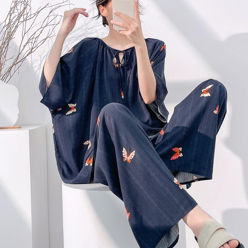Summer Clothes Fashion - 2026年春夏新作 レディース クールで快適なスリープウェアセット ファッションプリント ルーズワイドレッグパンツ ラージサイズ