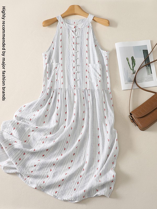 Summer Line Clothing Brand - エレガントなAラインワンピース 花柄プリント レッドストライプ ネックハンギングブランド 女性服 アンチエイジング