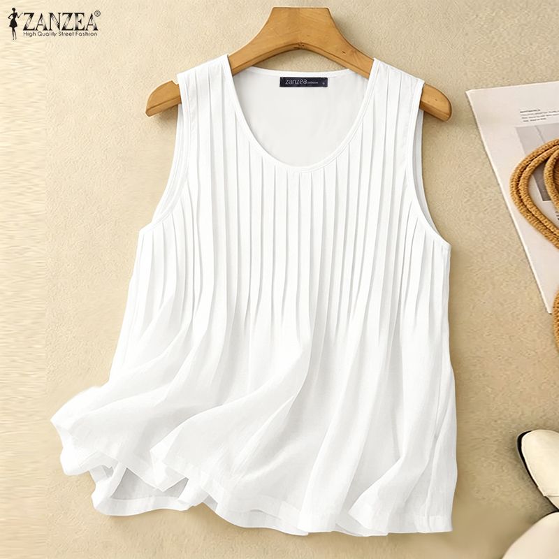 Summer Clothing Plus Size Women - ZANZEA 女性夏ピンタックタンクトッププラスサイズカジュアルルーズソリッド A ラインノースリーブブラウスホリデービーチラウンドネックトップス 5XL