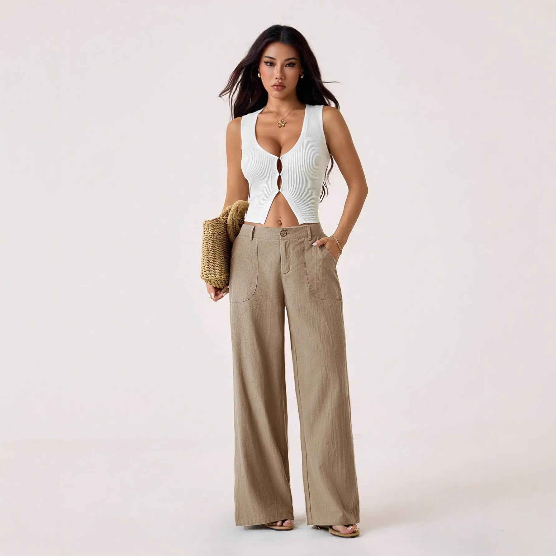 Summer Linen Clothing For Women - 女性のカジュアルなミッドウエストリネン織りフルレングスソリッドカラーパンツ、ポケット付き、女性服、女性用、女性用。