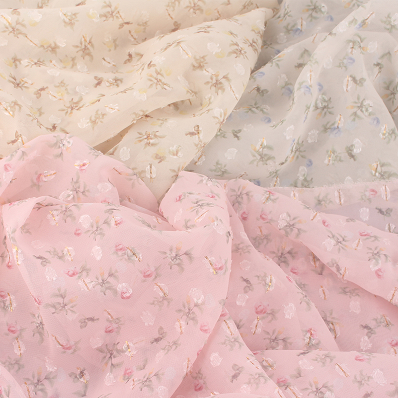 Summer Clothing List - 新規掲載 新品金糸透明プリント生地 フレンチテンペラメン サマーフローラルドレス 衣料用生地 メートル単位販売