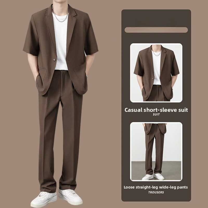 Summer Clothing For Teens - 夏用薄手アイスシルクドレープスーツセットメンズ半袖ジャケット軽量カジュアルシングルブレストスーツスタンダードフィットユーストレンド