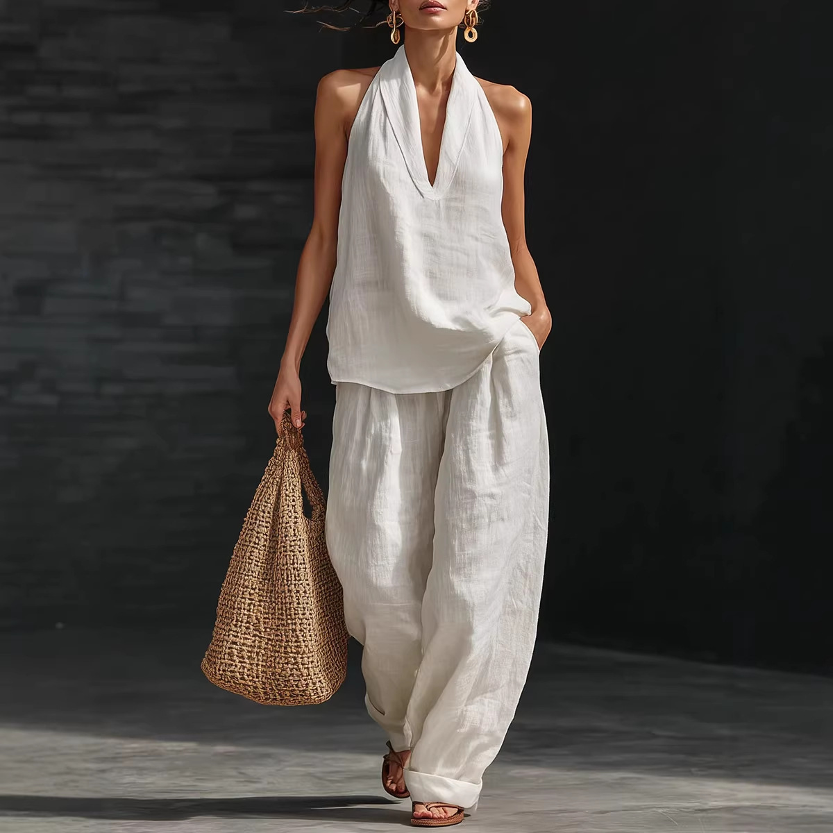 Summer Linen Clothing For Women - 夏のレトロな綿麻セットアップ レディース エレガントなVネックノースリーブトップスとワイドレッグパンツスーツ ノースリーブサマーアウトフィット
