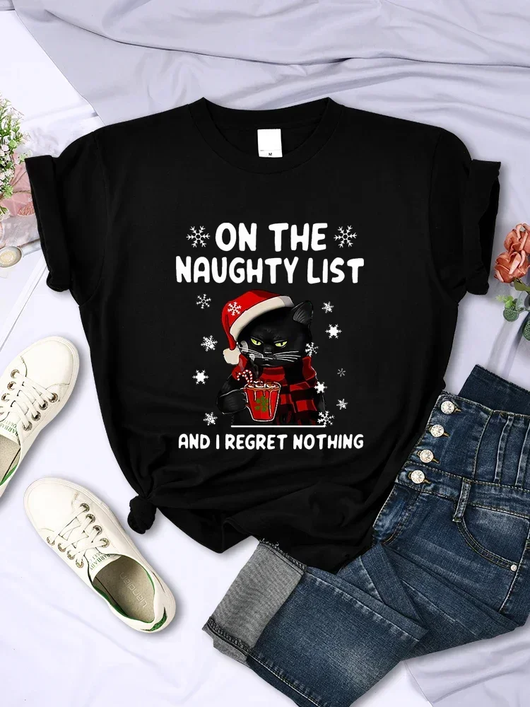 Summer Clothing List - クリスマス女性用Tシャツ「SANTA CAT ON THE NAUGHTY LIST