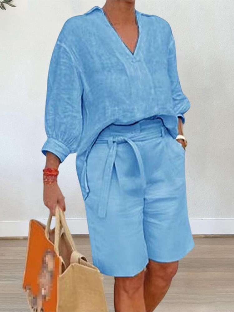 Summer Linen Clothing For Women - ゆったりとしたコットンとリネンのツーピースセット,半袖,Vネック,ポケットとベルト付き,夏