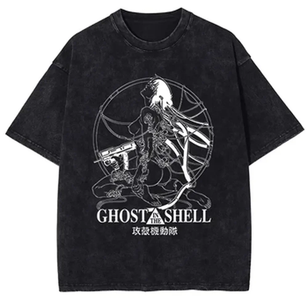 Vintage Summer Clothing Men - ゴースト・イン・ザ・シェル漫画グラフィック Tシャツ綿夏半袖 Tシャツ男性女性服ヴィンテージウォッシュオーバーサイズ Tシャツ