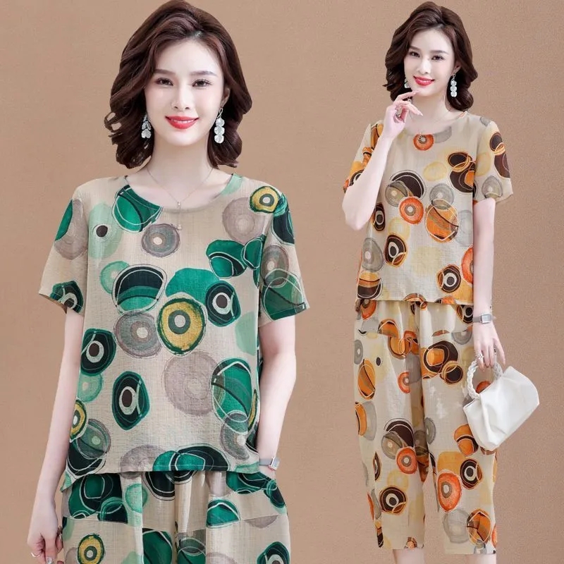 Summer Linen Clothing For Women - 半袖Tシャツ,夏,母親用の綿とリネンのツーピースセット,エレガントな女性用コートとパンツ,2ユニット