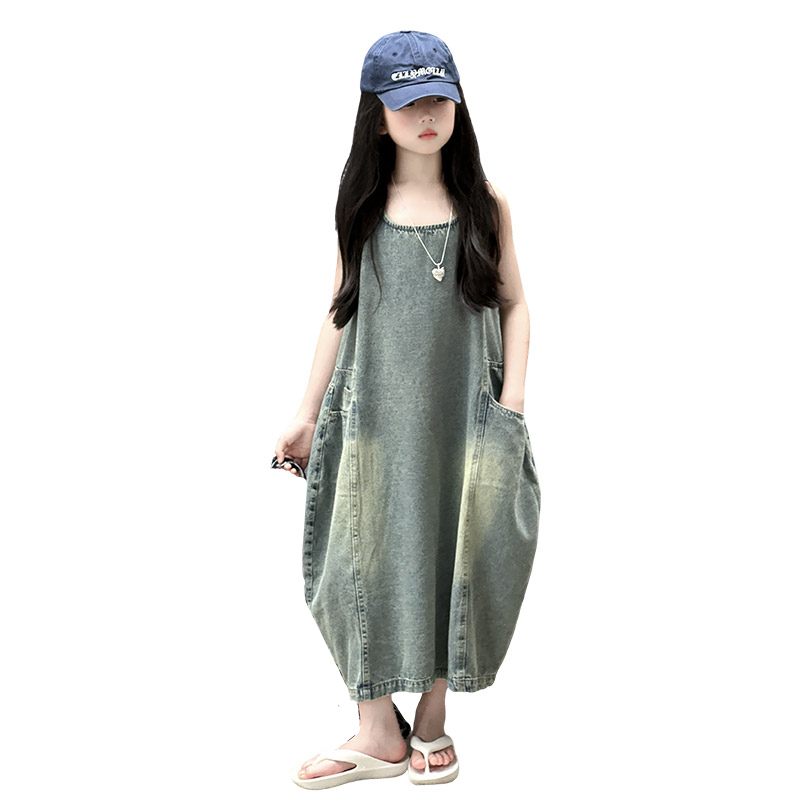 Summer Dresses Yours Clothing - ヴィンテージブルー子供女の子高品質ノースリーブデニムドレスストリート衣装ファッション夏の子供の高級ジーンズ服