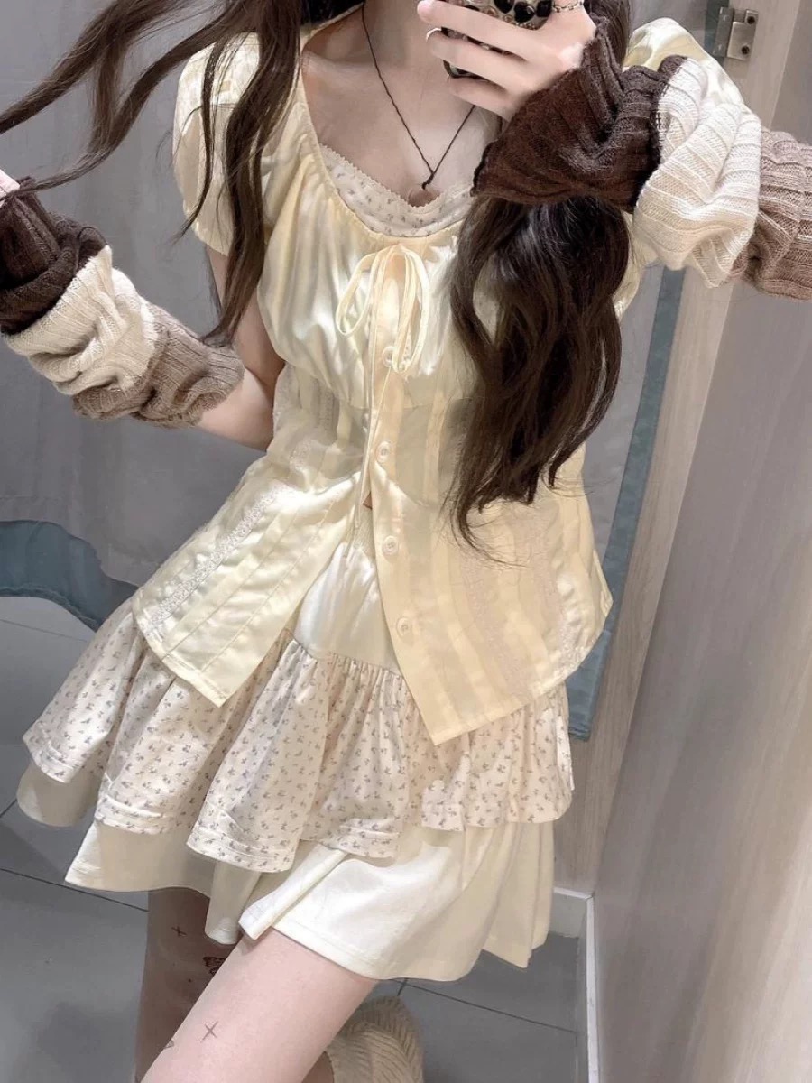 Summer Clothing For Girls - 甘い花柄のツーピースセット レディース 夏 ドーパミン風 可愛いシャツ ケーキスカート