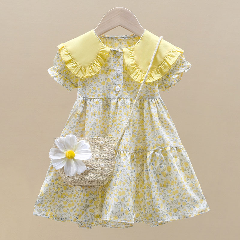Summer Clothing For Teen Girls - 小さな女の子のための黄色の花柄のドレス,2ピース,小さな女の子のための服,カジュアルなミドル丈のドレス,10代のパーティープリンセスドレス