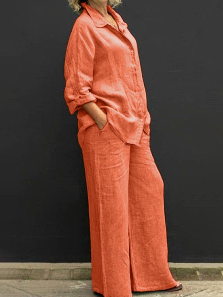 Summer Linen Clothing For Women - 女性用長袖ツーピースセット,ボタン付きカジュアルトップ,ゆったりとしたポケット,通勤服,ヴィンテージパンツ,シンプルなスタイル,秋