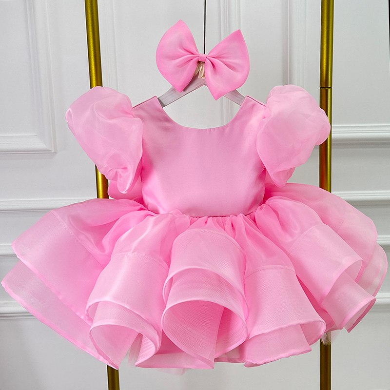 Summer Dresses Yours Clothing - 新しいサテン高級ガールドレスローズレッドバブルスリーブパーティー服子供の日パフォーマンス服は0-12歳に適しています