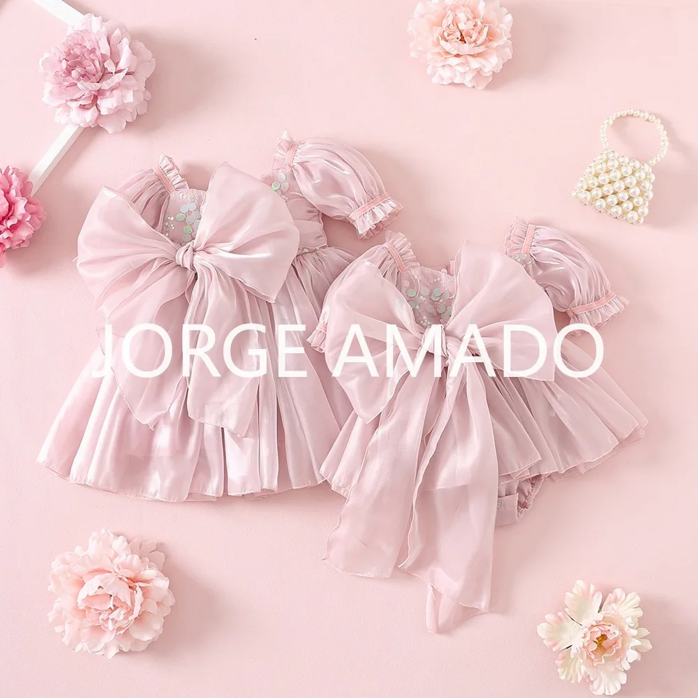 Summer Dresses Yours Clothing - 夏の女の子姉妹マッチング衣装パフ半袖リボンボディスーツ甘いプリンセスドレス双子娘パーティー服 H1518-3
