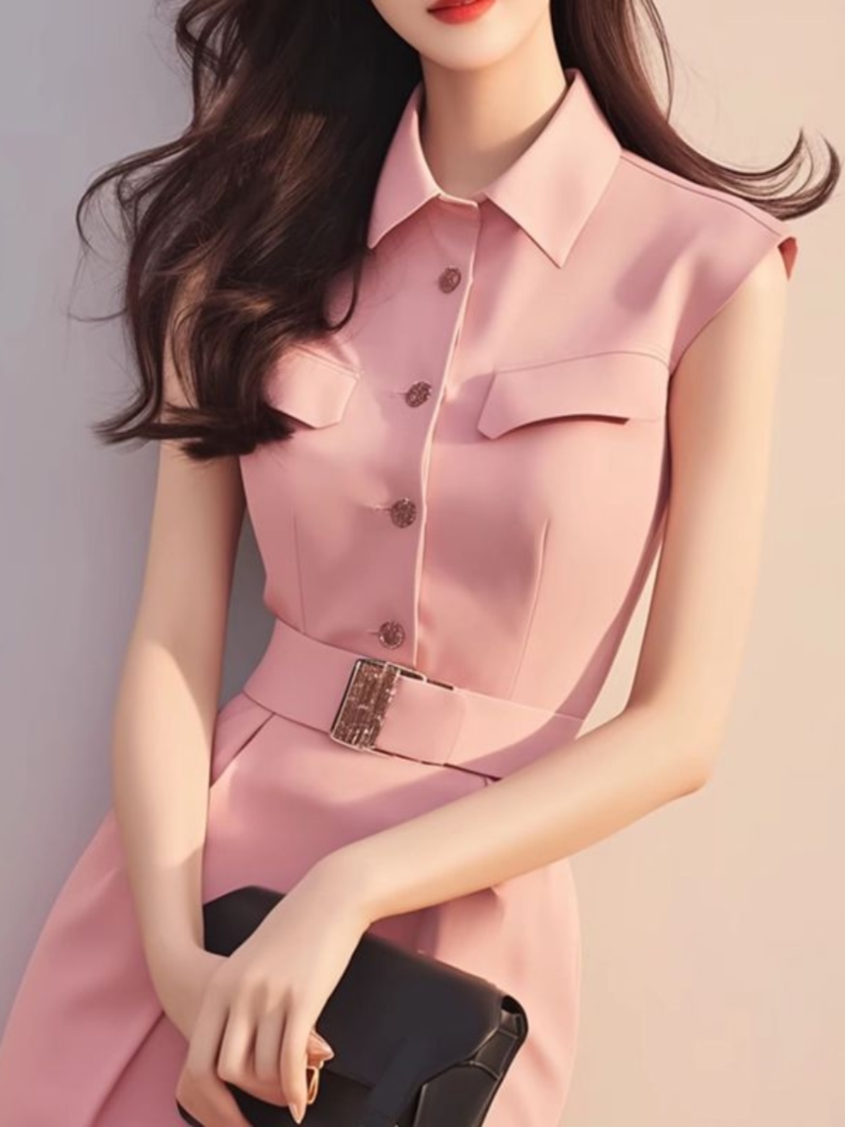 Summer Line Clothing Brand - エレガントなピンクのロングドレス スタイリッシュなティーブレイク ファッショナブルな婦人服 夏シーズン Aラインスカート ボタンディテール