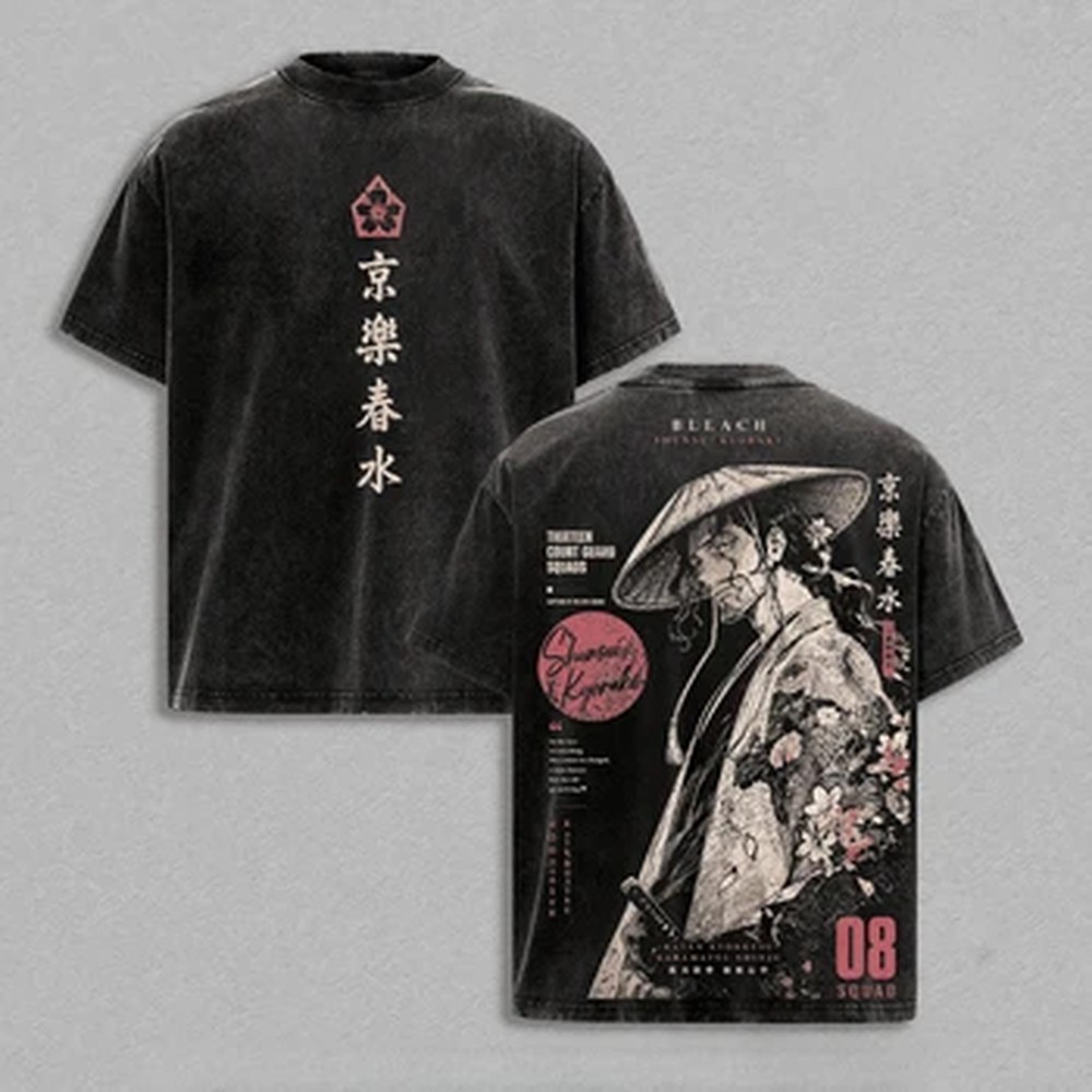 Vintage Summer Clothing Men - 京楽順水アニメブリーチ Tシャツヴィンテージウォッシュファッション Tシャツ夏半袖コットン Tシャツトップス男性女性服