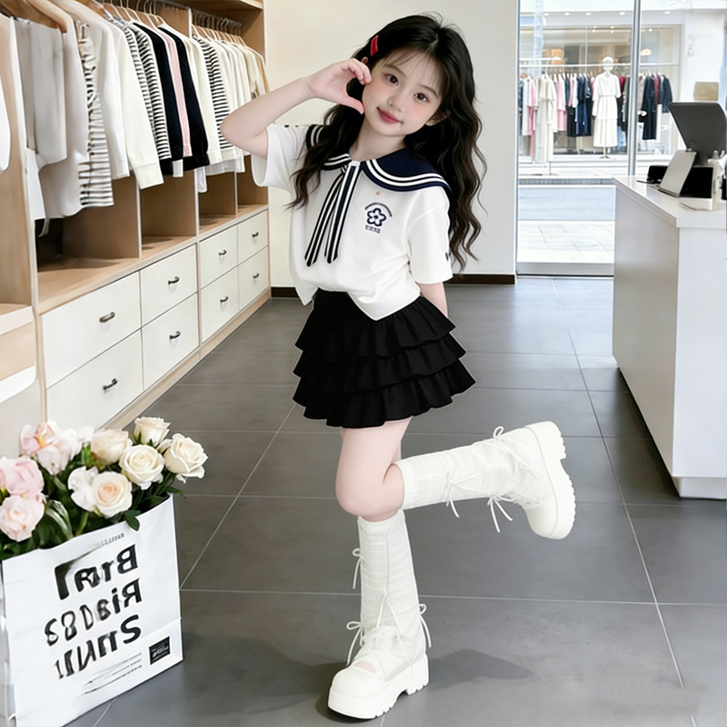 Summer Clothing For Teen Girls - 2026年夏 女の子用子供服セット 半袖リボン付きティーンストライプセーラーカラーTシャツトップ + JKプリーツチュチュスカート 4歳