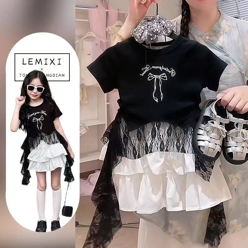 女の子服セット夏の新しいレーススプライスレターボウプリントシ - Summer Clothing For Teen Girls のレビューと価格