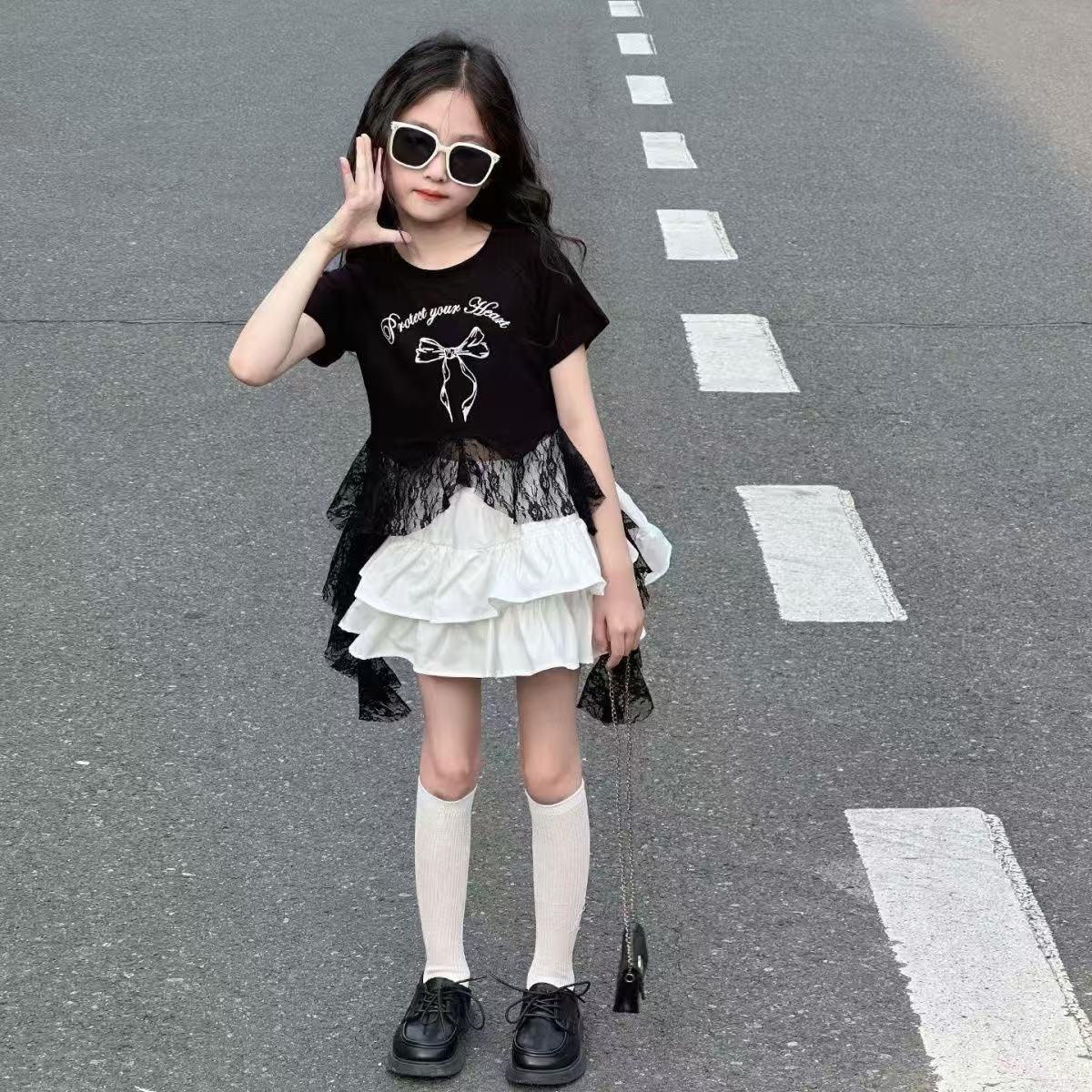 女の子服セット夏の新しいレーススプライスレターボウプリントシ - Summer Clothing For Teen Girls のレビューと価格