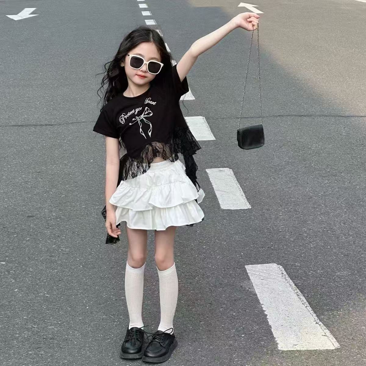 女の子服セット夏の新しいレーススプライスレターボウプリントシ - Summer Clothing For Teen Girls のレビューと価格